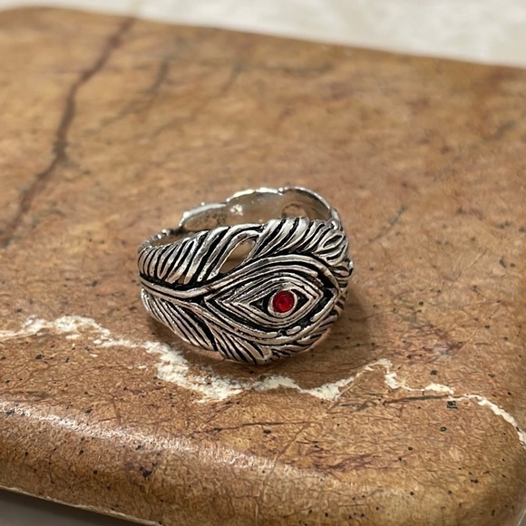Silver Feather Red Crystal Evil Eye Ring - Picture 8 of 15